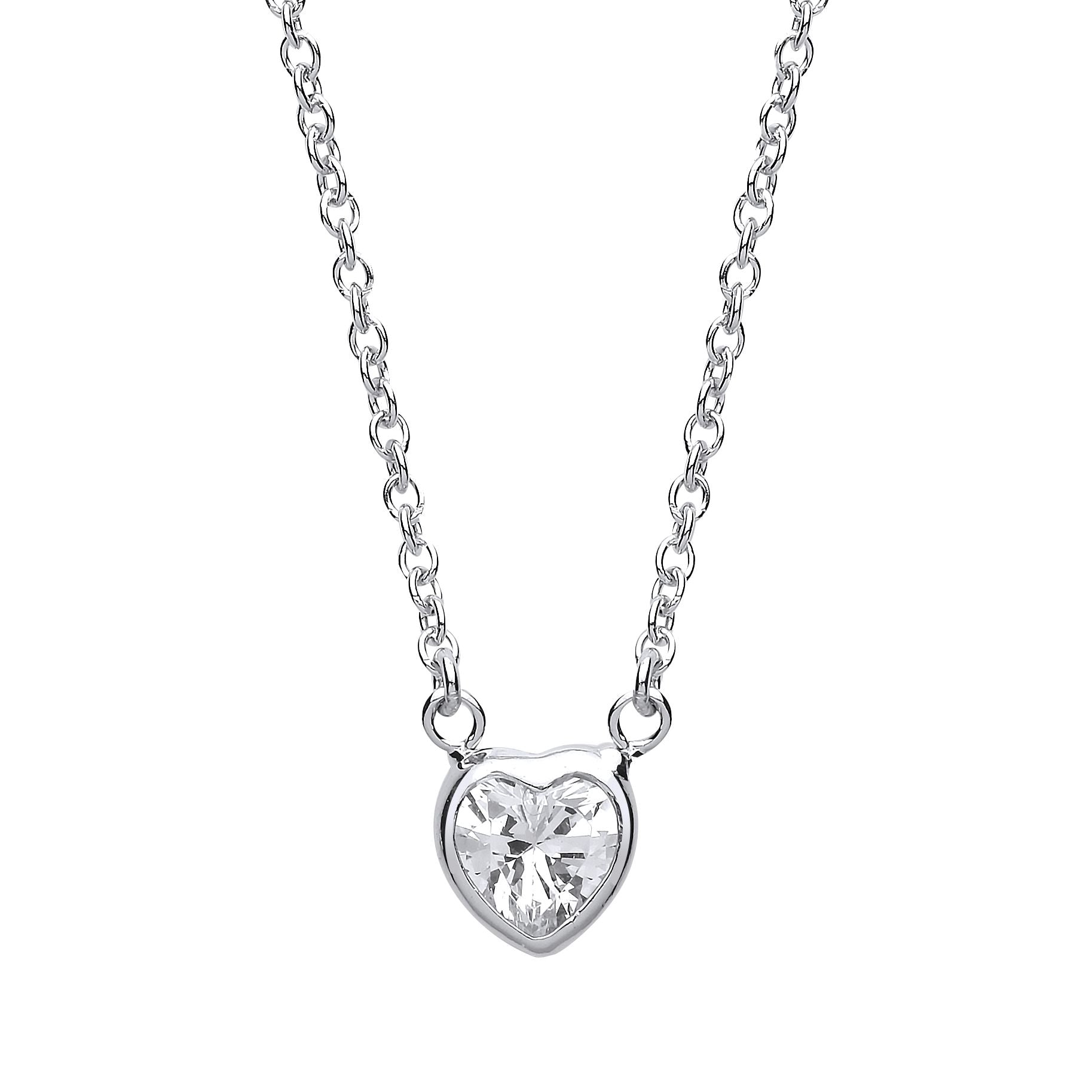 Silver  Love Heart CZ Love Heart Charm Necklace 17 inch - GVK153