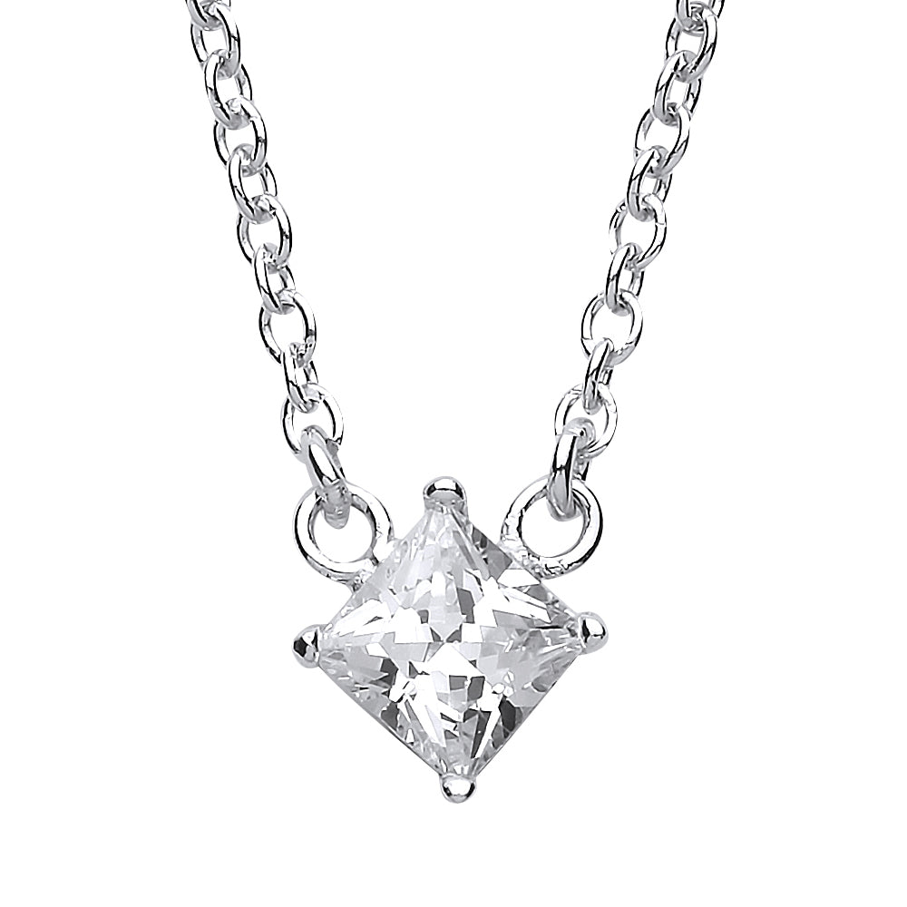 Silver  princess Cut CZ Solitaire Charm Necklace 16 + 2 inch - GVK154