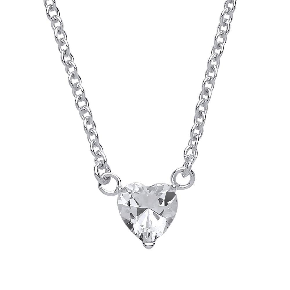 Silver  Love Heart CZ Love Heart Solitaire Charm Pendant 16 + 2" - GVK155
