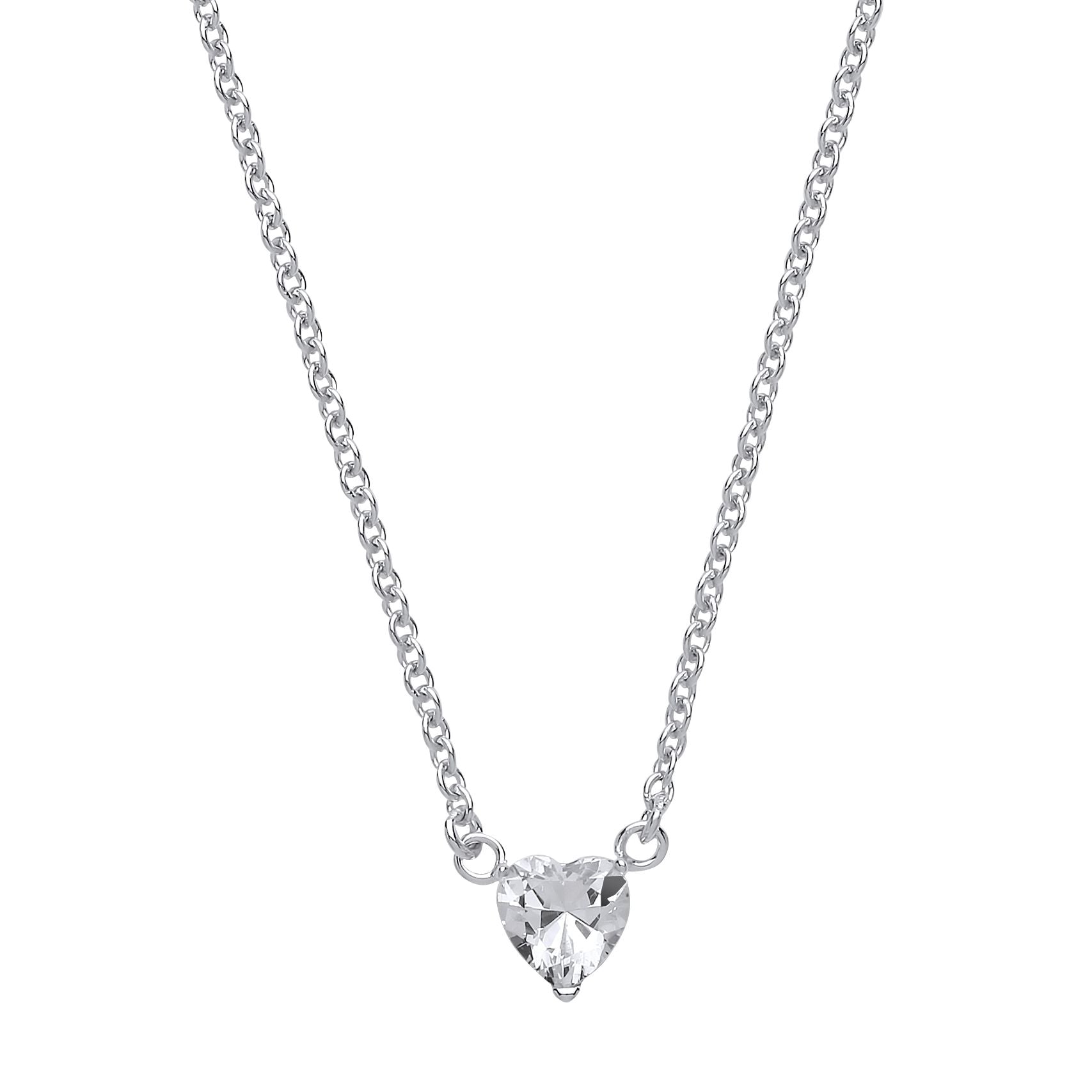 Silver  Love Heart CZ Love Heart Solitaire Charm Pendant 16 + 2" - GVK155