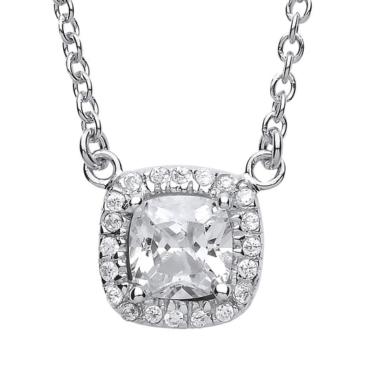 Silver  Square Cushion CZ Halo Solitaire Charm Necklace 16 + 2inch - GVK157