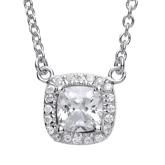 Silver Square Cushion CZ Halo Solitaire Charm Necklace 16 + 2inch - GVK157