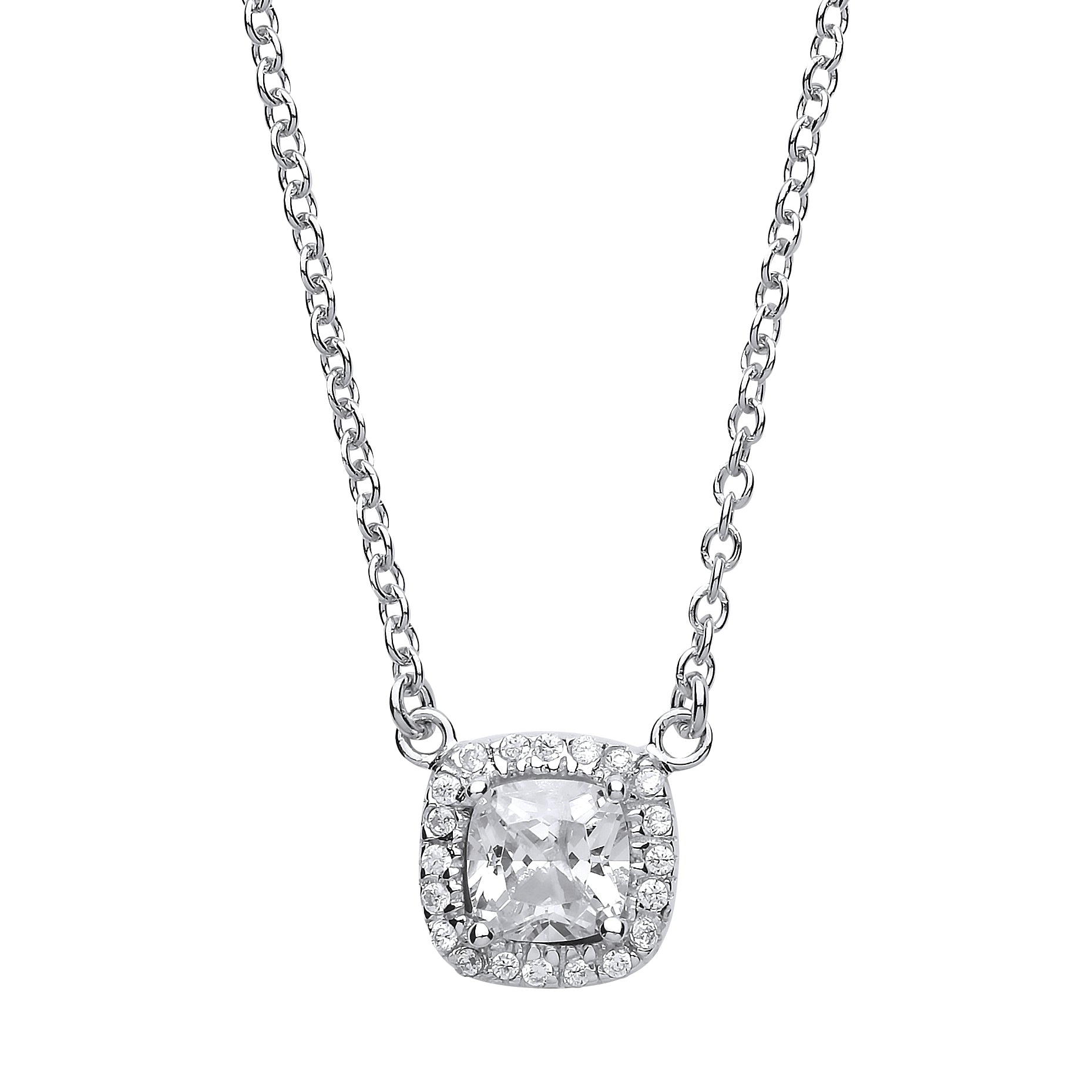 Silver  Square Cushion CZ Halo Solitaire Charm Necklace 16 + 2inch - GVK157