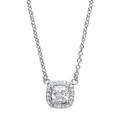 Silver  Square Cushion CZ Halo Solitaire Charm Necklace 16 + 2inch - GVK157