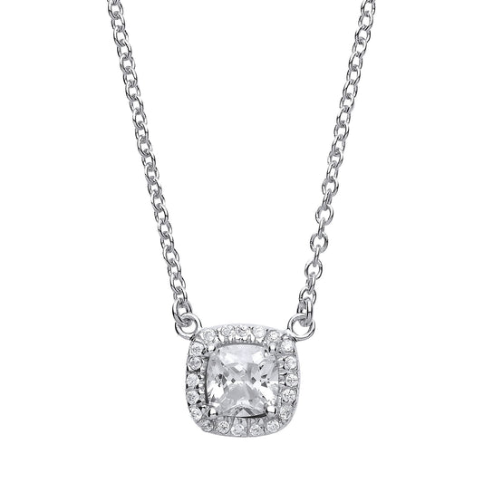 Silver  Square Cushion CZ Halo Solitaire Charm Necklace 16 + 2inch - GVK157