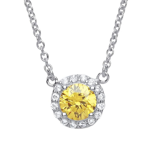 Silver Yellow CZ Solitaire Halo Charm Necklace 15 + 2 inch - GVK158