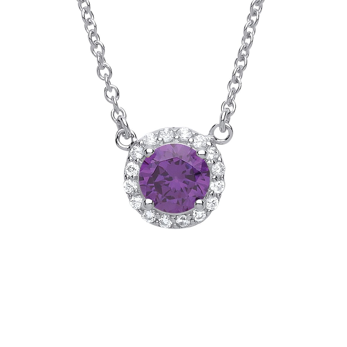 925 Silver  Purple CZ Solitaire Halo Charm Necklace 15 + 2 inch - GVK158AMY