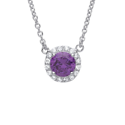 925 Silver  Purple CZ Solitaire Halo Charm Necklace 15 + 2 inch - GVK158AMY