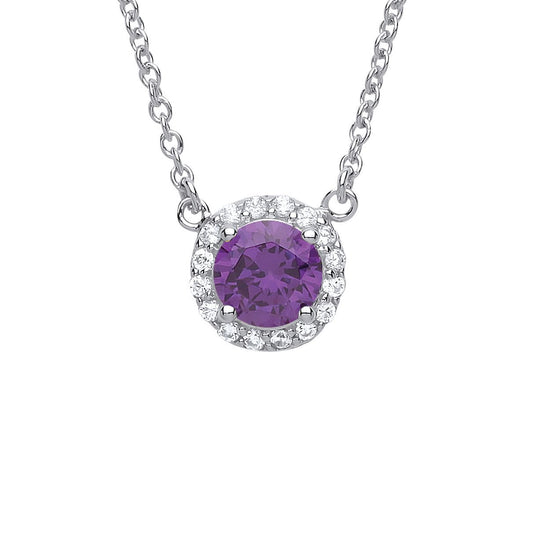 925 Silver  Purple CZ Solitaire Halo Charm Necklace 15 + 2 inch - GVK158AMY