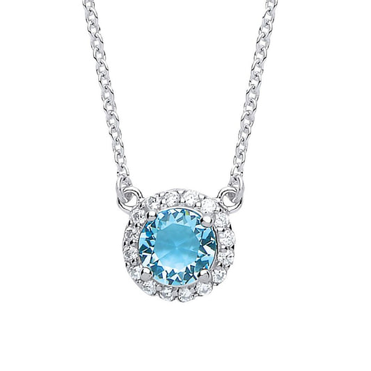 Silver Aqua CZ Solitaire Halo Charm Necklace 15 + 2 inch - GVK158AQUA