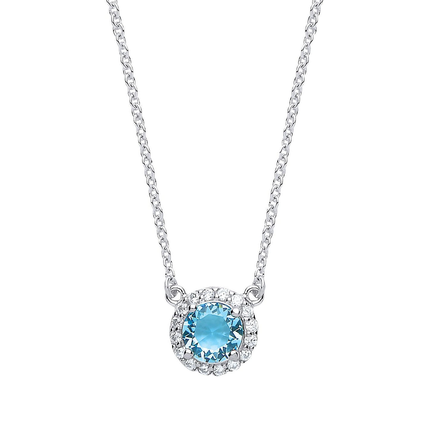 Silver  Aqua CZ Solitaire Halo Charm Necklace 15 + 2 inch - GVK158AQUA