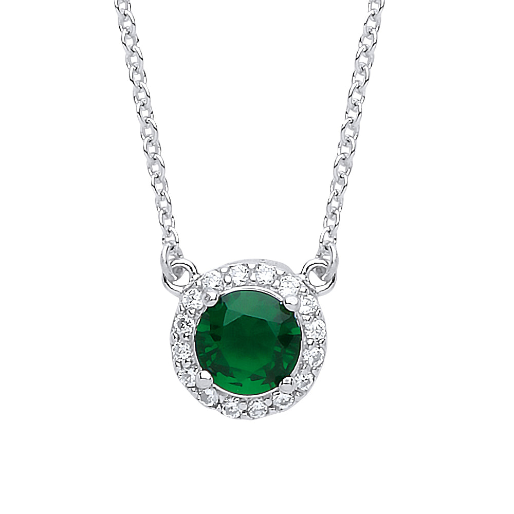 Silver  Green CZ Solitaire Halo Charm Necklace 15 + 2 inch - GVK158EM