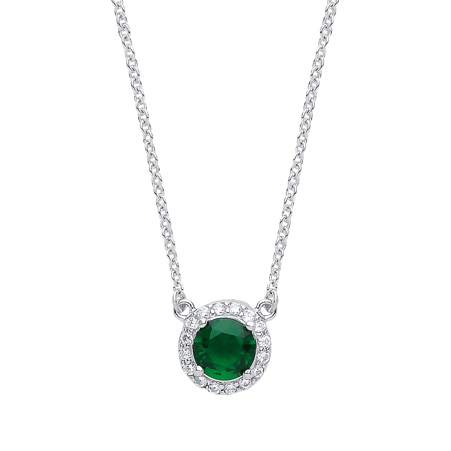 Silver  Green CZ Solitaire Halo Charm Necklace 15 + 2 inch - GVK158EM