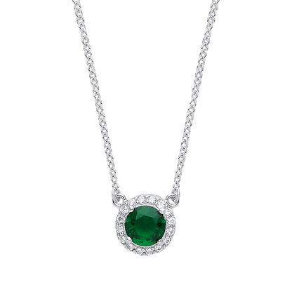 Silver  Green CZ Solitaire Halo Charm Necklace 15 + 2 inch - GVK158EM