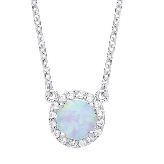 Silver Opal CZ Solitaire Halo Charm Necklace - GVK158OP
