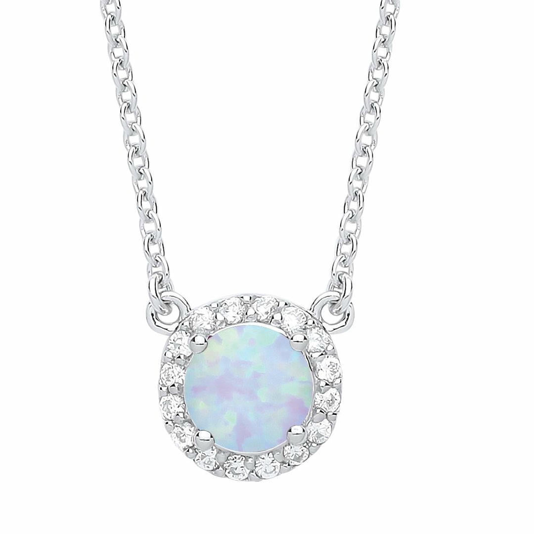 Silver  Opal CZ Solitaire Halo Charm Necklace - GVK158OP