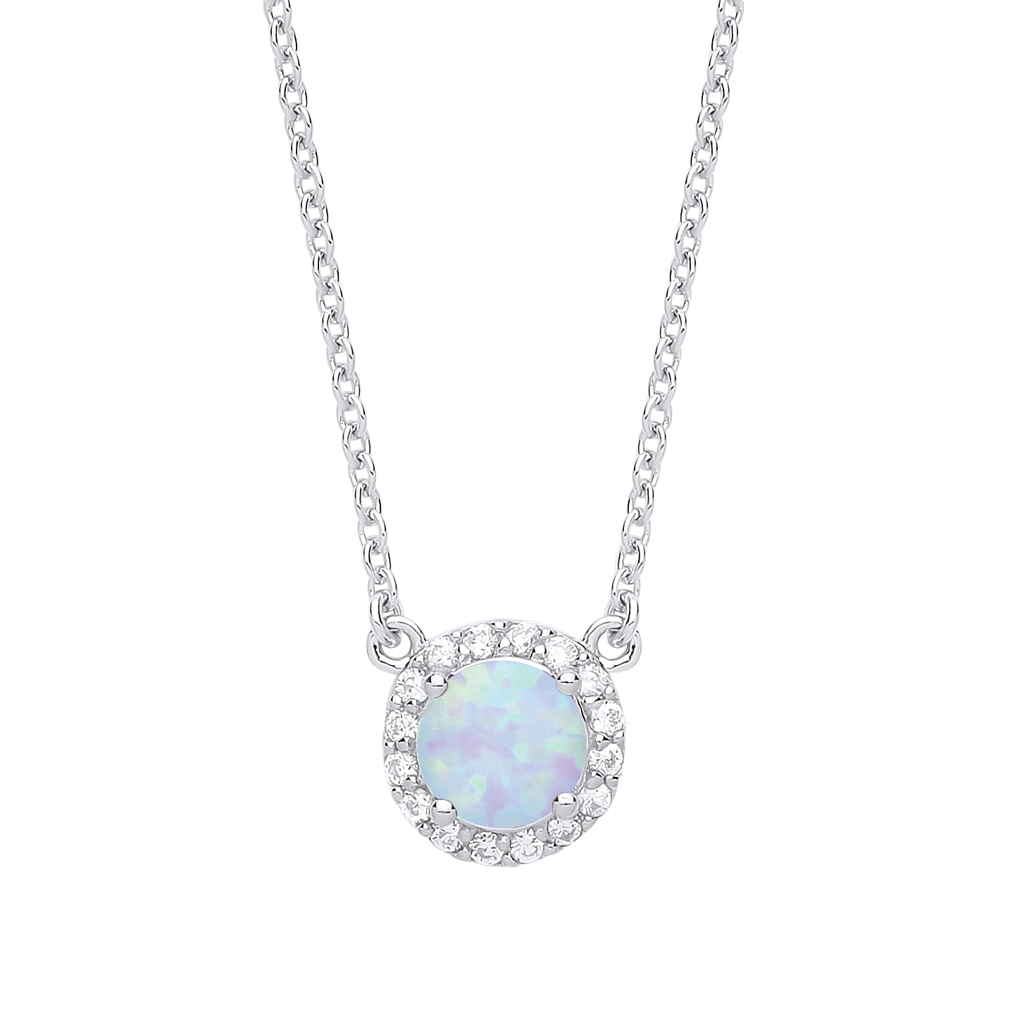 Silver  Opal CZ Solitaire Halo Charm Necklace - GVK158OP