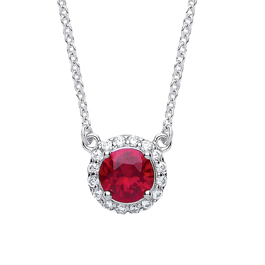 Silver  Rose red CZ Solitaire Halo Charm Necklace 15 + 2 inch - GVK158RUBY