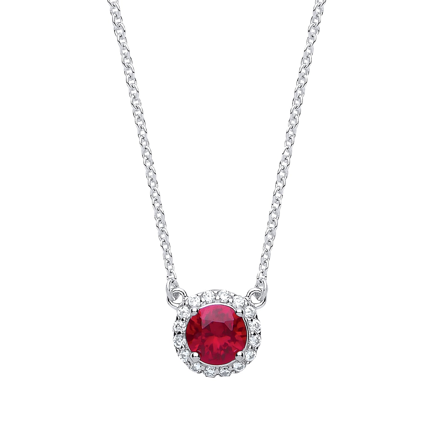 Silver  Rose red CZ Solitaire Halo Charm Necklace 15 + 2 inch - GVK158RUBY