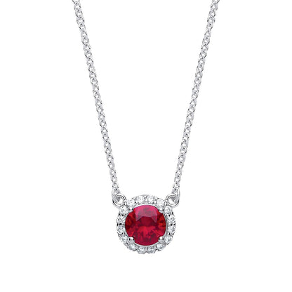 Silver  Rose red CZ Solitaire Halo Charm Necklace 15 + 2 inch - GVK158RUBY