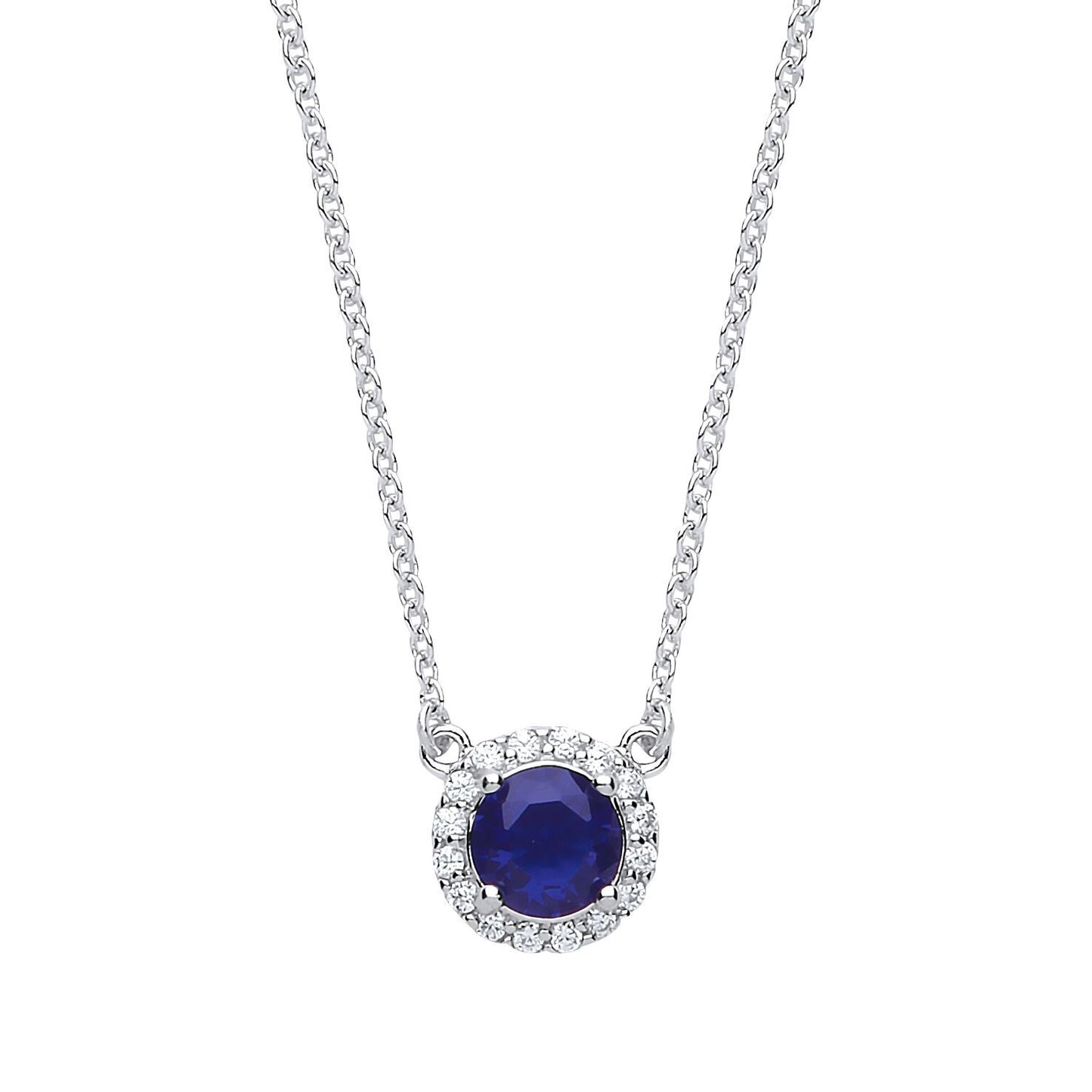Silver  Blue CZ Solitaire Halo Charm Necklace 15 + 2 inch - GVK158SAP