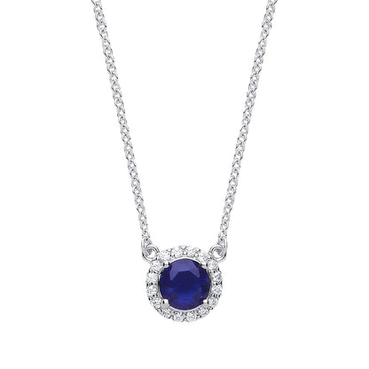 Silver  Blue CZ Solitaire Halo Charm Necklace 15 + 2 inch - GVK158SAP