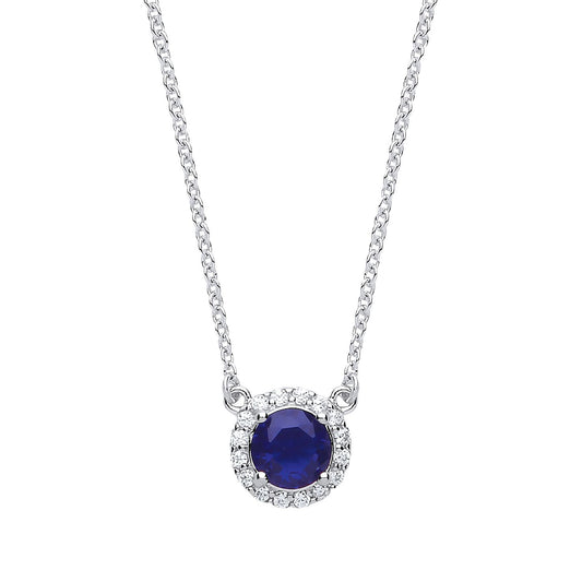 Silver  Blue CZ Solitaire Halo Charm Necklace 15 + 2 inch - GVK158SAP