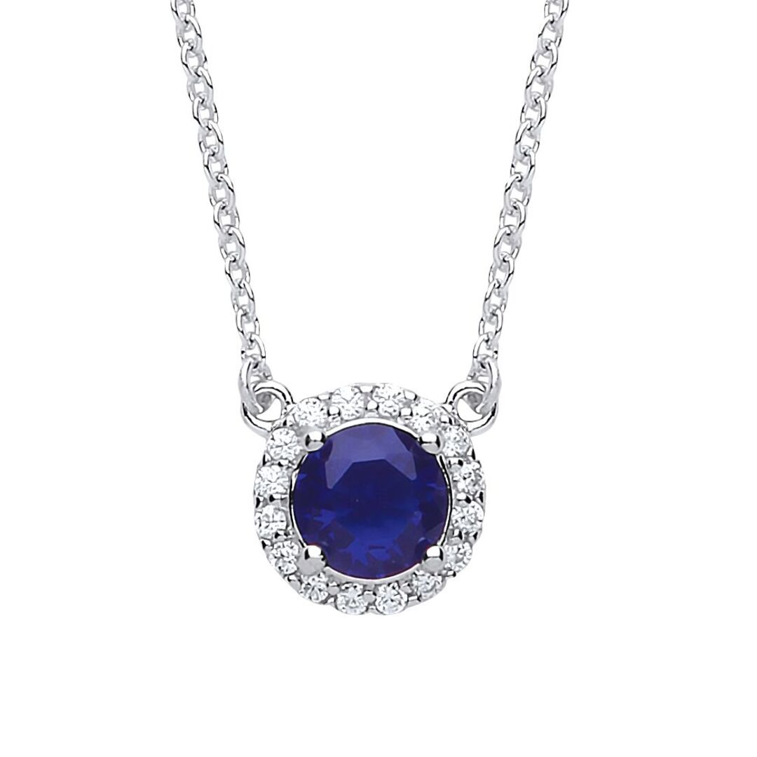 Silver  Blue CZ Solitaire Halo Charm Necklace 15 + 2 inch - GVK158SAP