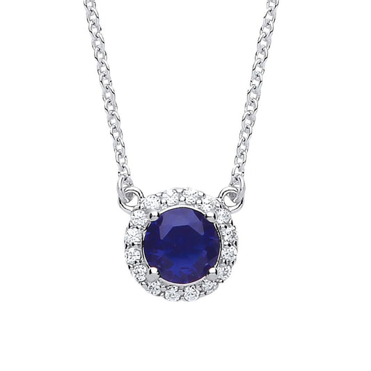 Silver  Blue CZ Solitaire Halo Charm Necklace 15 + 2 inch - GVK158SAP