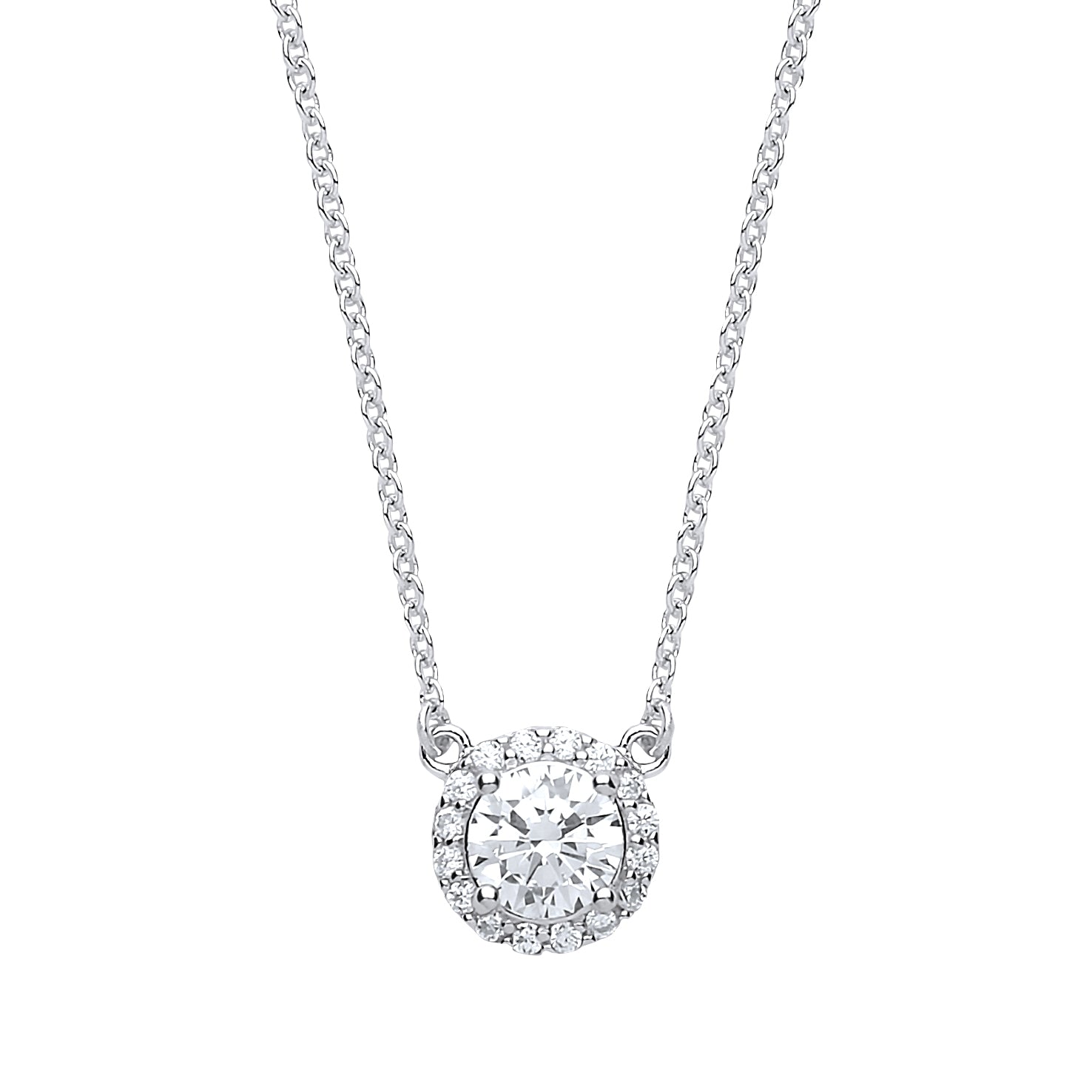 Silver  CZ Solitaire Halo Charm Necklace 15 + 2 inch - GVK158WH