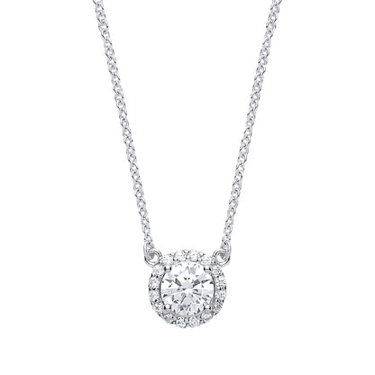 Silver  CZ Solitaire Halo Charm Necklace 15 + 2 inch - GVK158WH