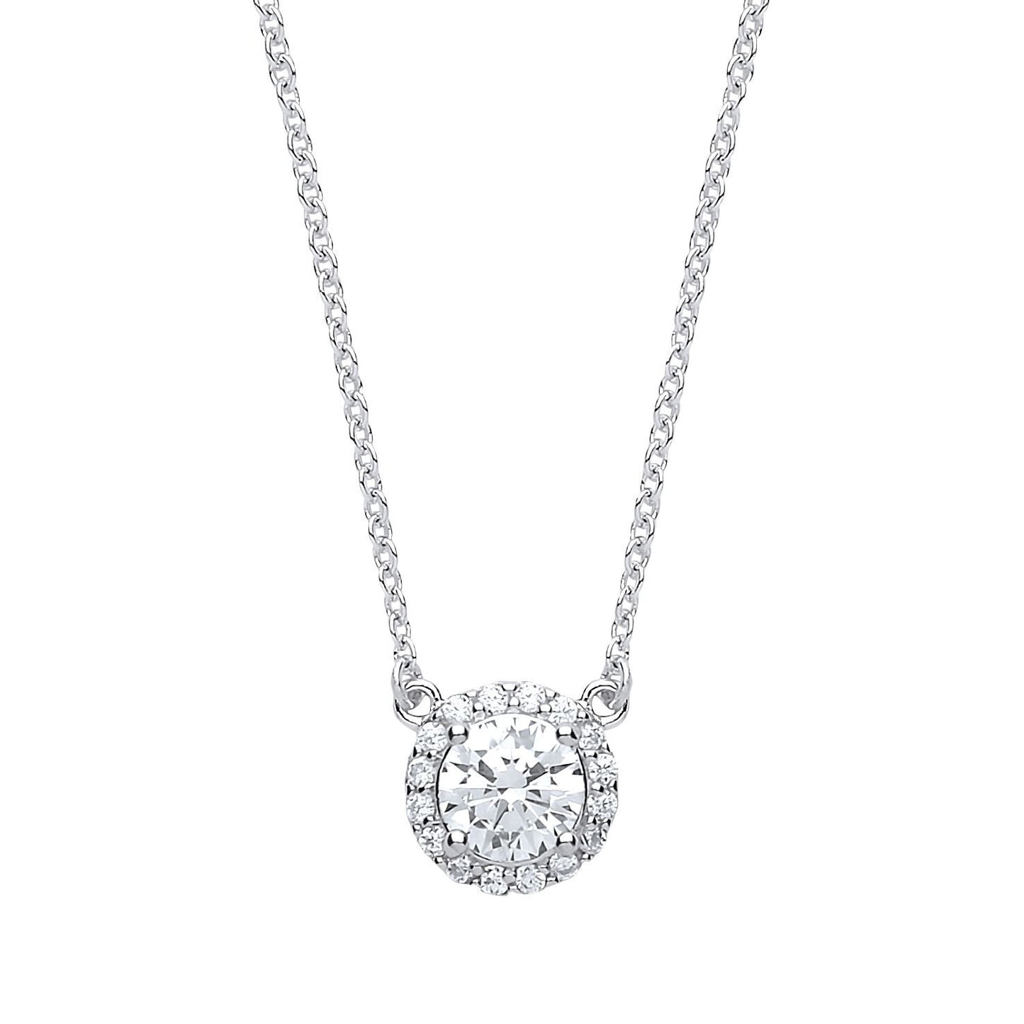 Silver  CZ Solitaire Halo Charm Necklace 15 + 2 inch - GVK158WH