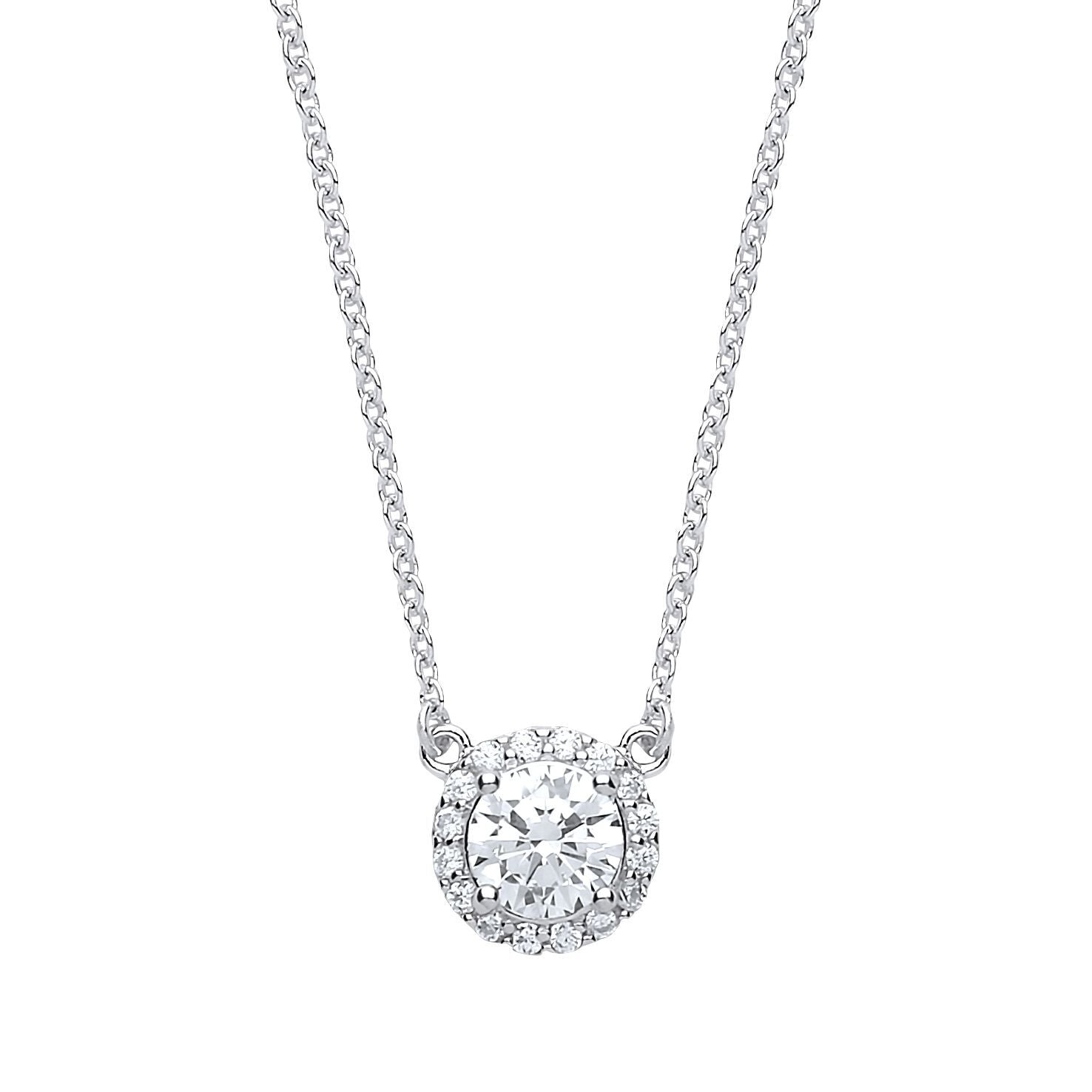 Silver  CZ Solitaire Halo Charm Necklace 15 + 2 inch - GVK158WH