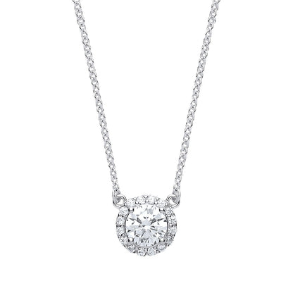 Silver  CZ Solitaire Halo Charm Necklace 15 + 2 inch - GVK158WH
