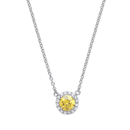 Silver  Yellow CZ Solitaire Halo Charm Necklace 15 + 2 inch - GVK158