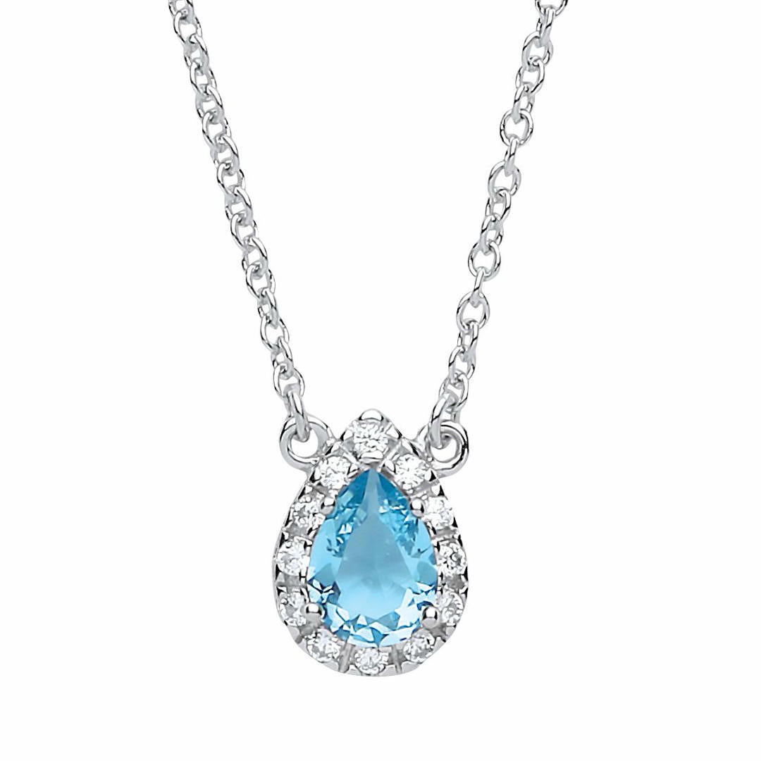 Silver  Aqua pear CZ Teardrop Halo Charm Necklace 16 + 2 inch - GVK159AQUA