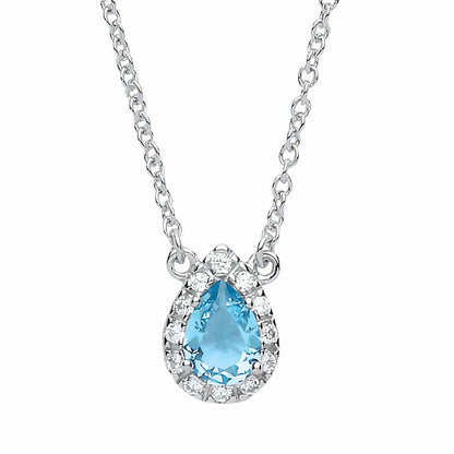Silver  Aqua pear CZ Teardrop Halo Charm Necklace 16 + 2 inch - GVK159AQUA