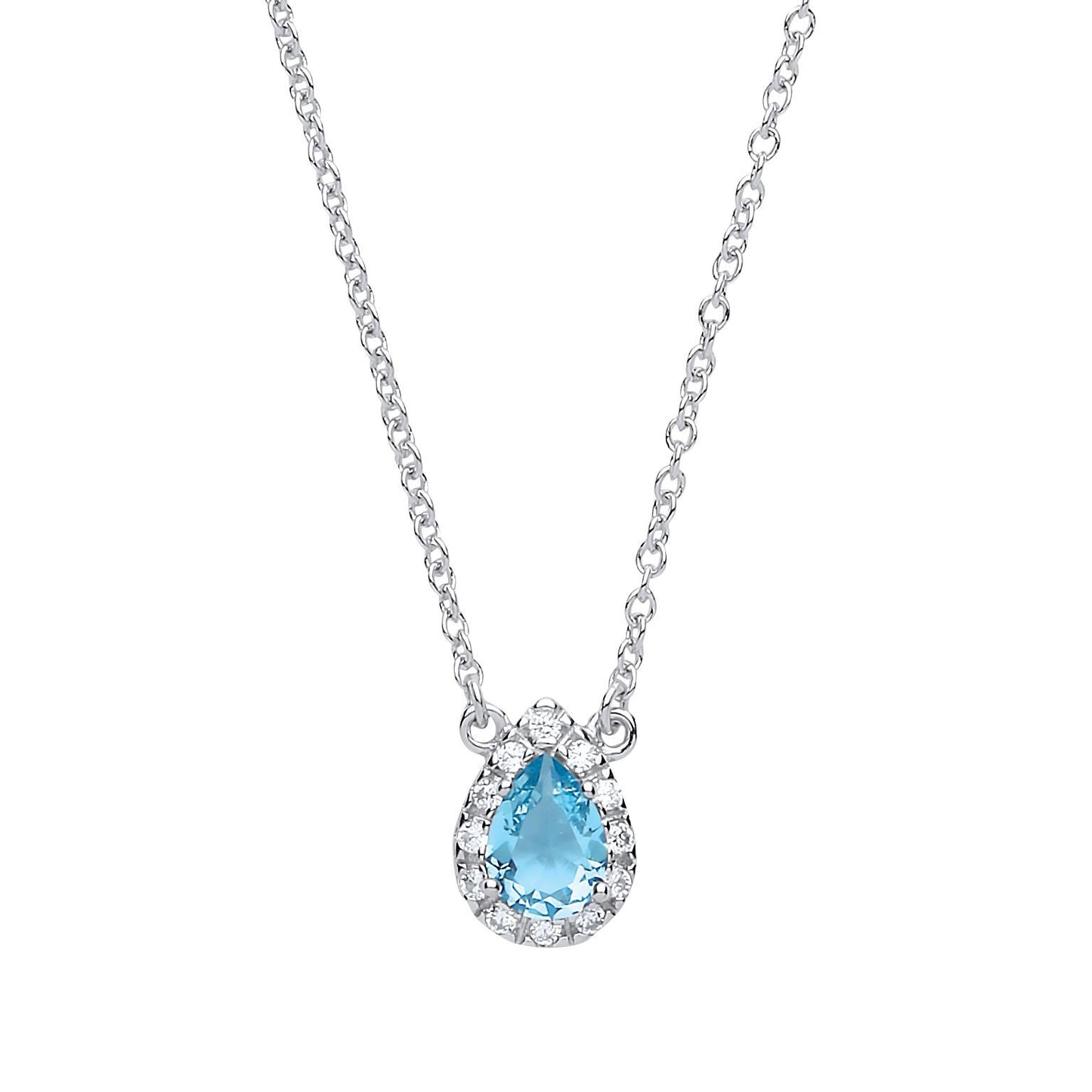 Silver  Aqua pear CZ Teardrop Halo Charm Necklace 16 + 2 inch - GVK159AQUA