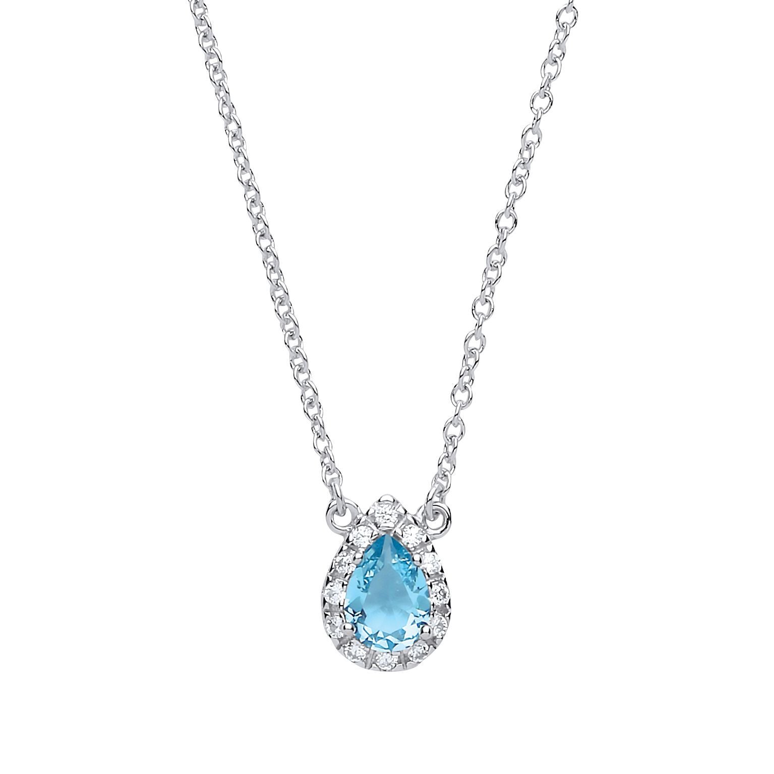 Silver  Aqua pear CZ Teardrop Halo Charm Necklace 16 + 2 inch - GVK159AQUA