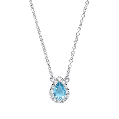Silver  Aqua pear CZ Teardrop Halo Charm Necklace 16 + 2 inch - GVK159AQUA
