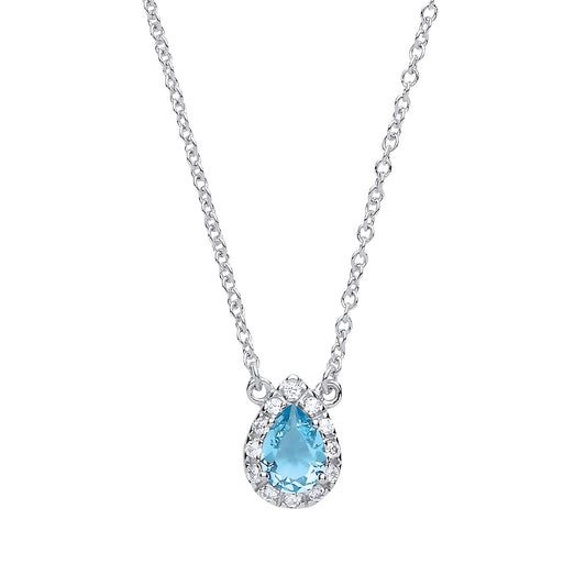 Silver  Aqua pear CZ Teardrop Halo Charm Necklace 16 + 2 inch - GVK159AQUA