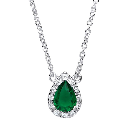 Silver  Green pear CZ Teardrop Halo Charm Necklace 16 + 2 inch - GVK159EM