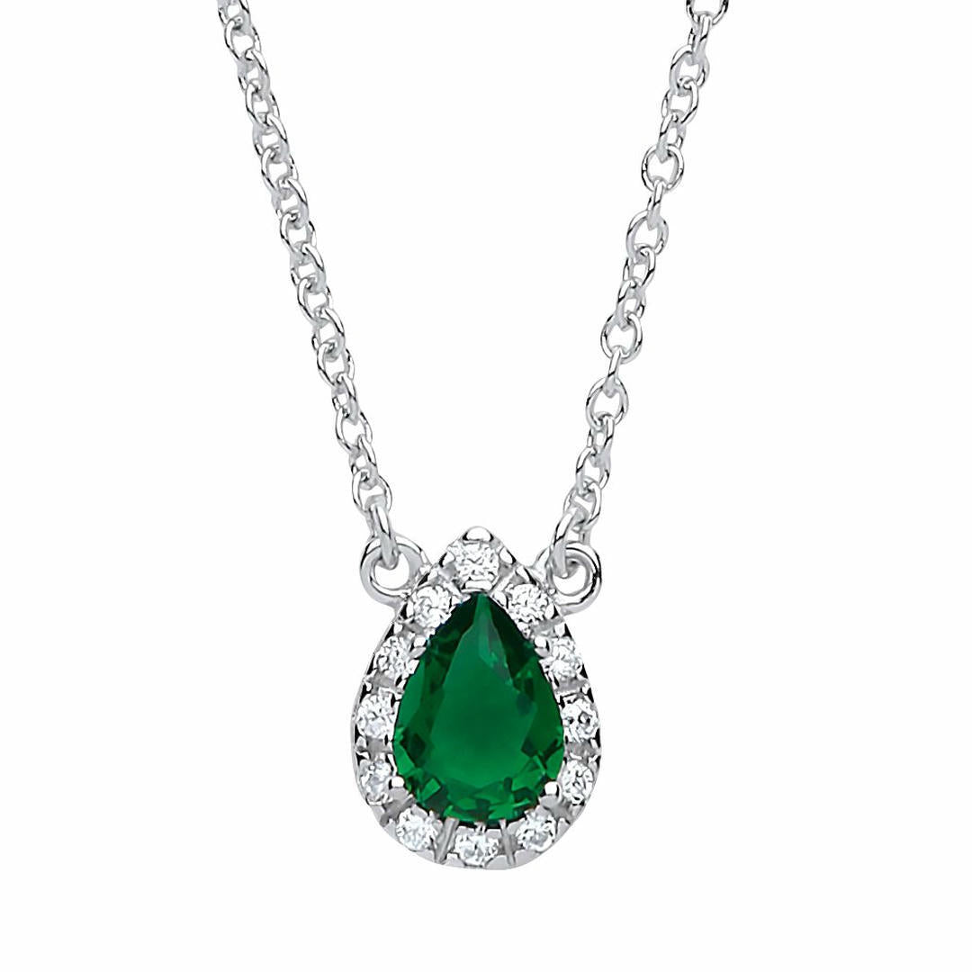 Silver  Green pear CZ Teardrop Halo Charm Necklace 16 + 2 inch - GVK159EM