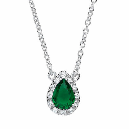 Silver  Green pear CZ Teardrop Halo Charm Necklace 16 + 2 inch - GVK159EM