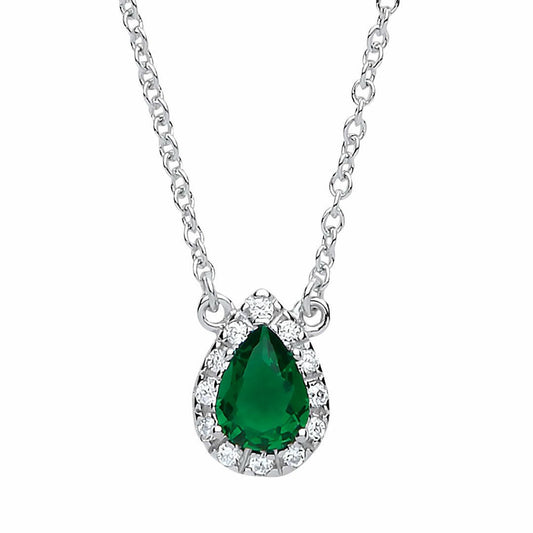 Silver  Green pear CZ Teardrop Halo Charm Necklace 16 + 2 inch - GVK159EM
