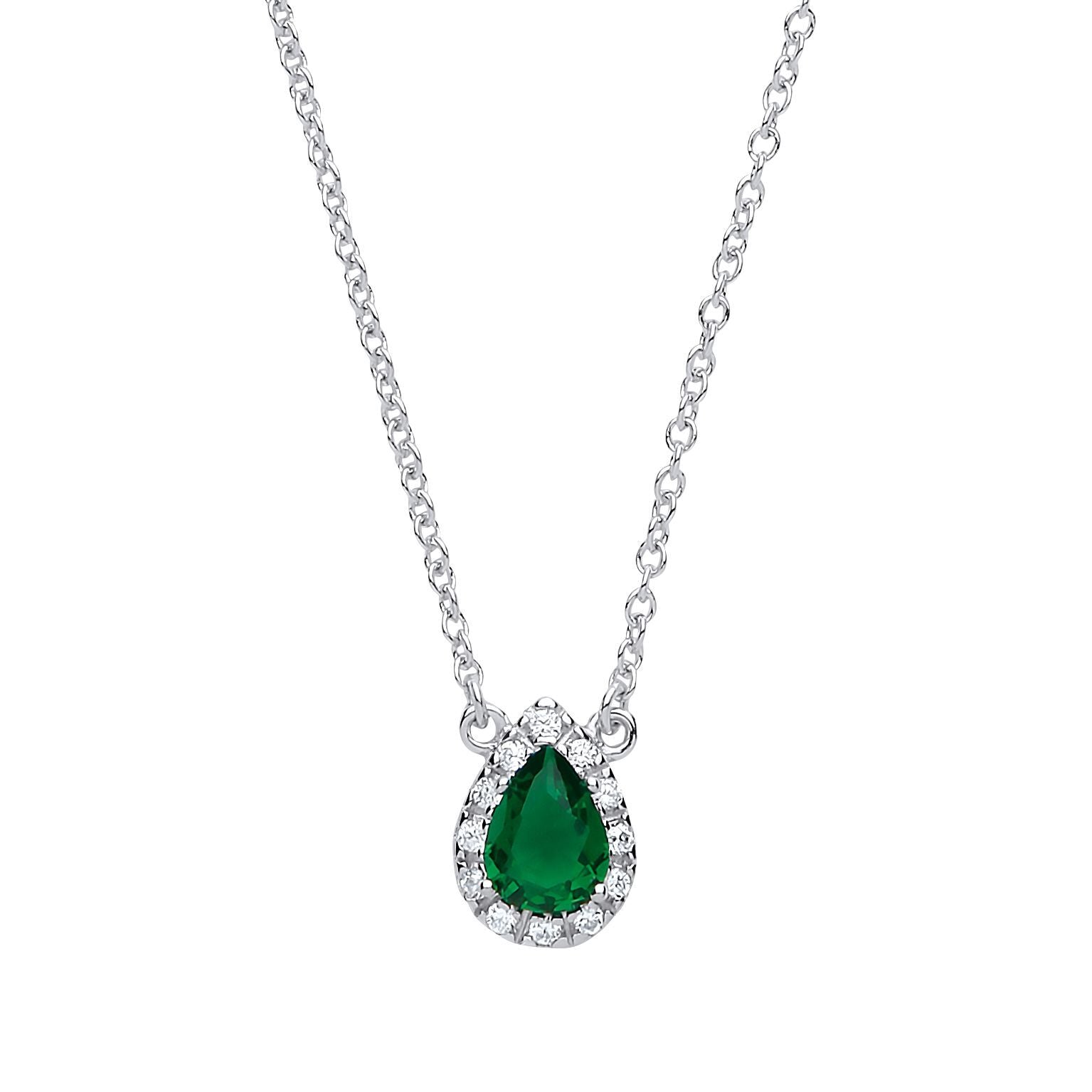 Silver  Green pear CZ Teardrop Halo Charm Necklace 16 + 2 inch - GVK159EM