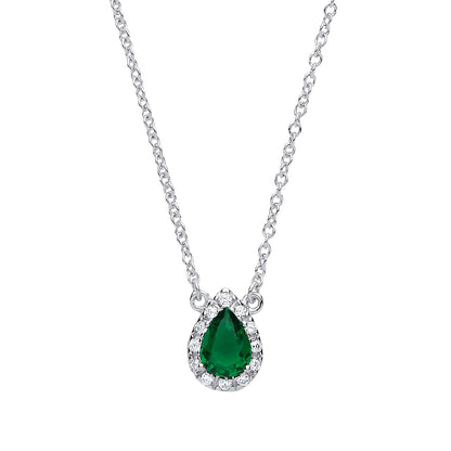Silver  Green pear CZ Teardrop Halo Charm Necklace 16 + 2 inch - GVK159EM