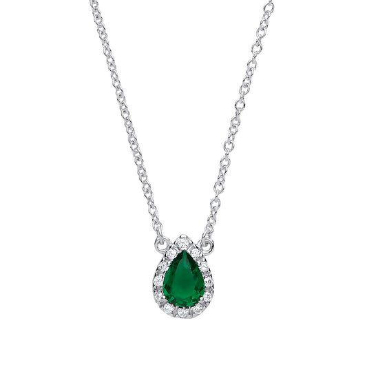 Silver  Green pear CZ Teardrop Halo Charm Necklace 16 + 2 inch - GVK159EM