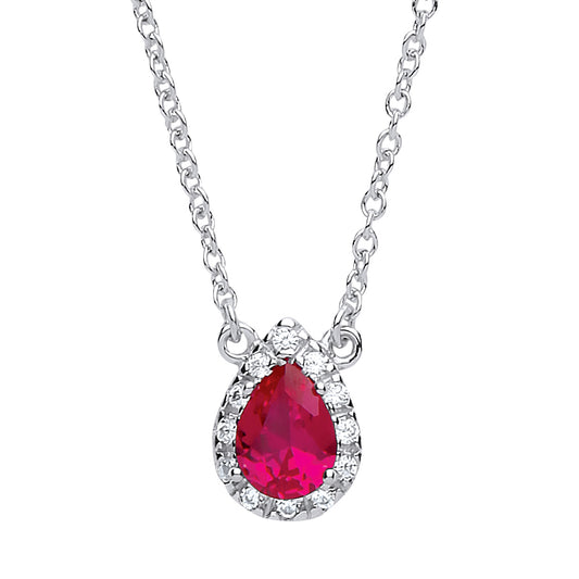 Silver  Rose red pear CZ Teardrop Halo Charm Necklace 16 + 2 inch - GVK159RUBY
