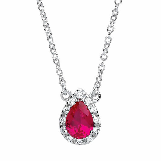 Silver  Rose red pear CZ Teardrop Halo Charm Necklace 16 + 2 inch - GVK159RUBY